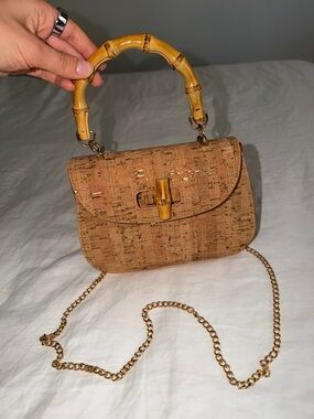 Cork Bamboo-Handle Shoulder Bag in Tan